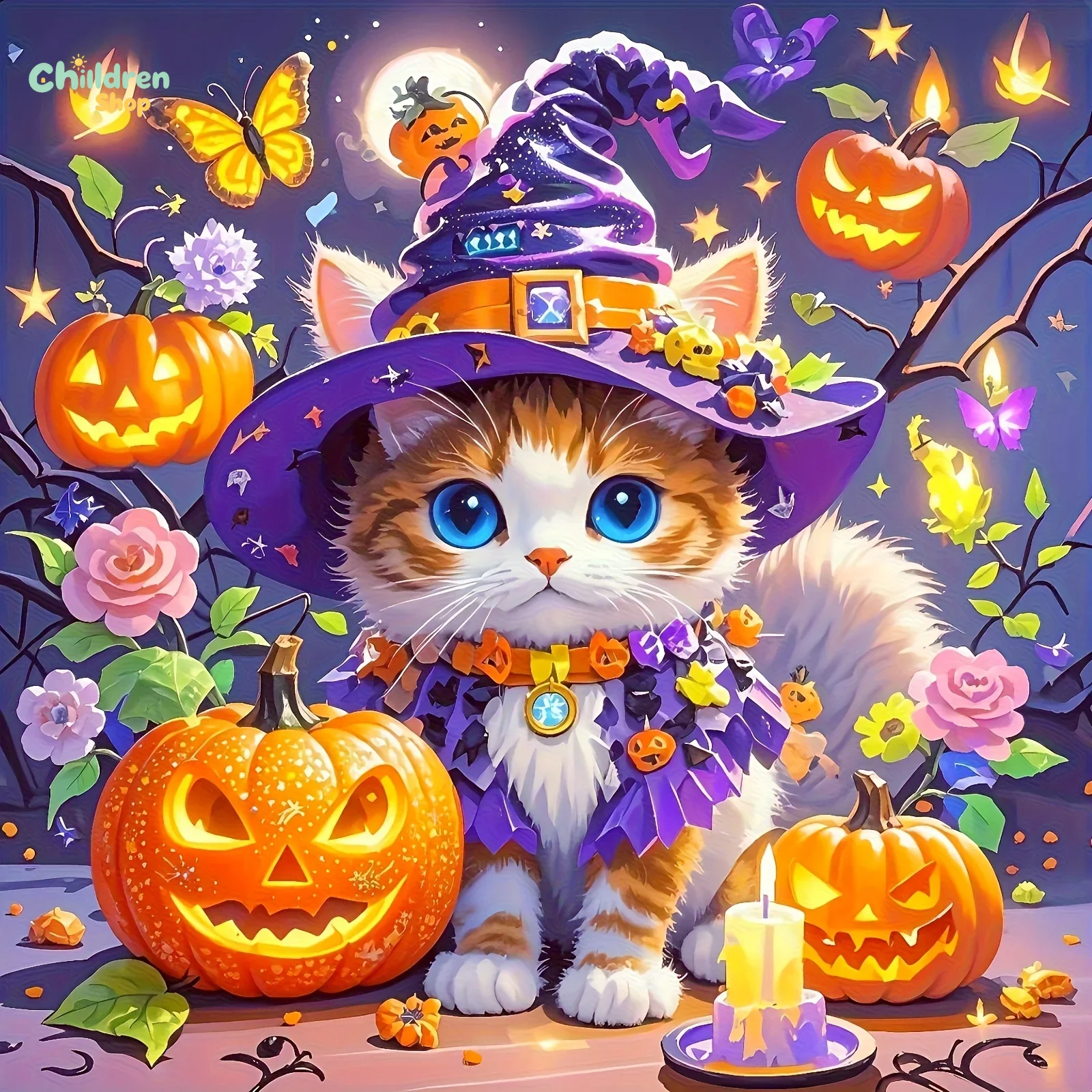 Photo Mosaic Print - Halloween-Zauberer-Katze, Diamant-Malerei-Set, vollständiges Mosaik mit quadratischen